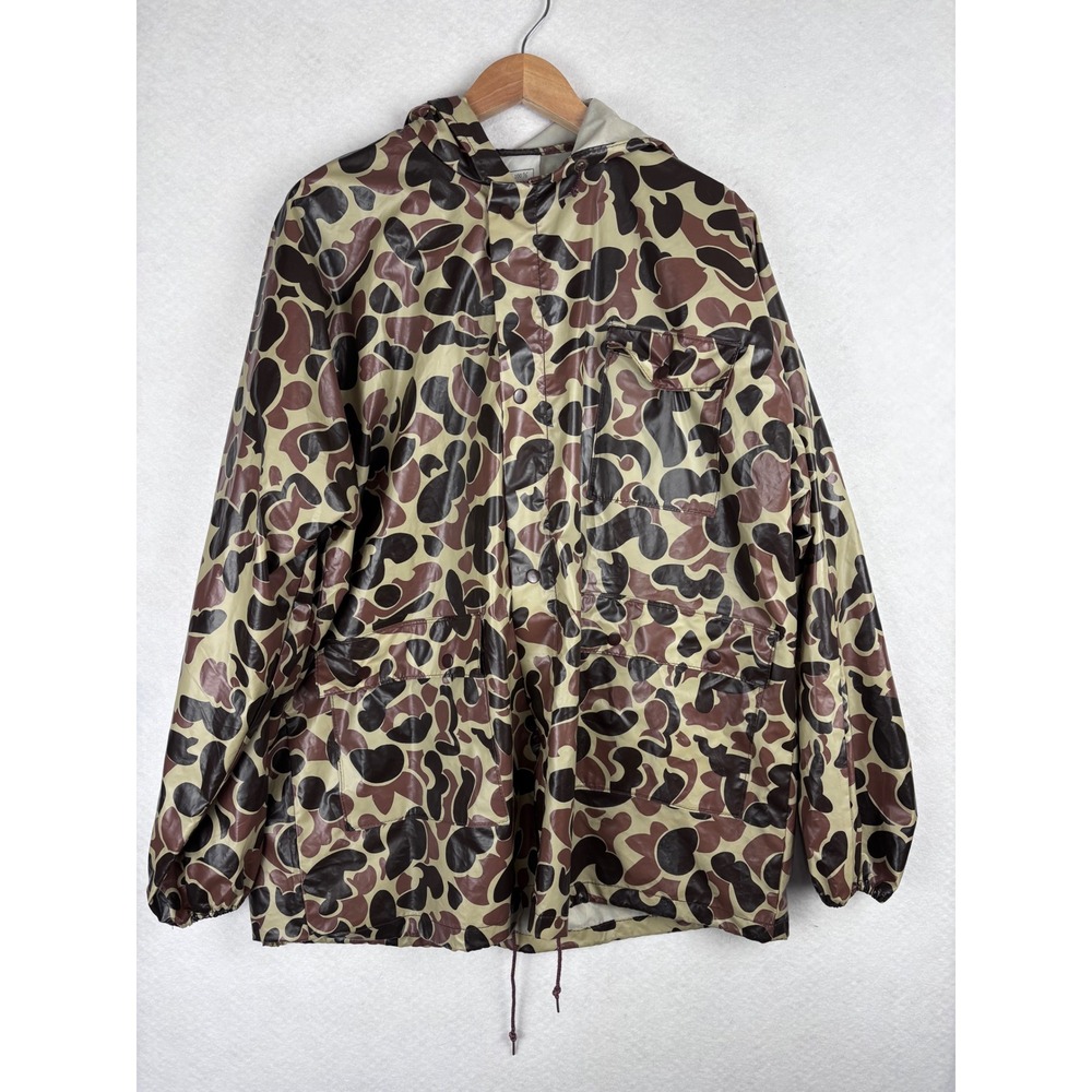 Vintage Kmart Camo Duck Hunting Rain Jacket L Hooded Vinyl Parka Hunter Utility
